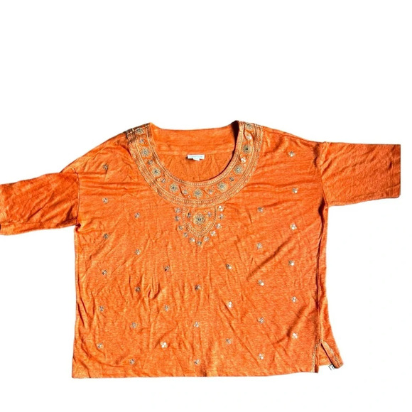 J. Jill Love Linen Shirt Blouse Top Sz Medium Orange Embroidered Sequin Boho - Picture 3 of 12